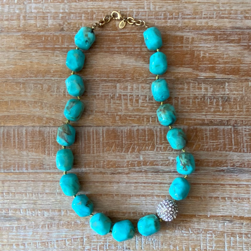 Lee Angel Faux Turquoise Statement Necklace Large Rhinestones Bead